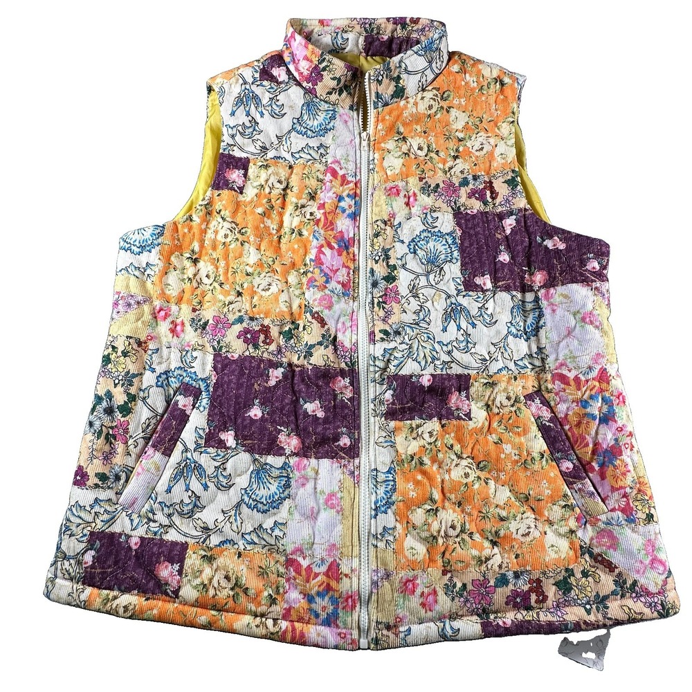 Emery Rose Quilted Patchwork Vest XL Floral Corduroy Like Boho Cottage Artsy New